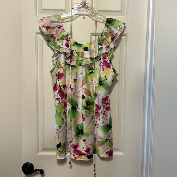 ST12-Dressbarn Pink and Green Ruffled Peplum Blouse XL w/belt for waist. - Picture 5 of 7